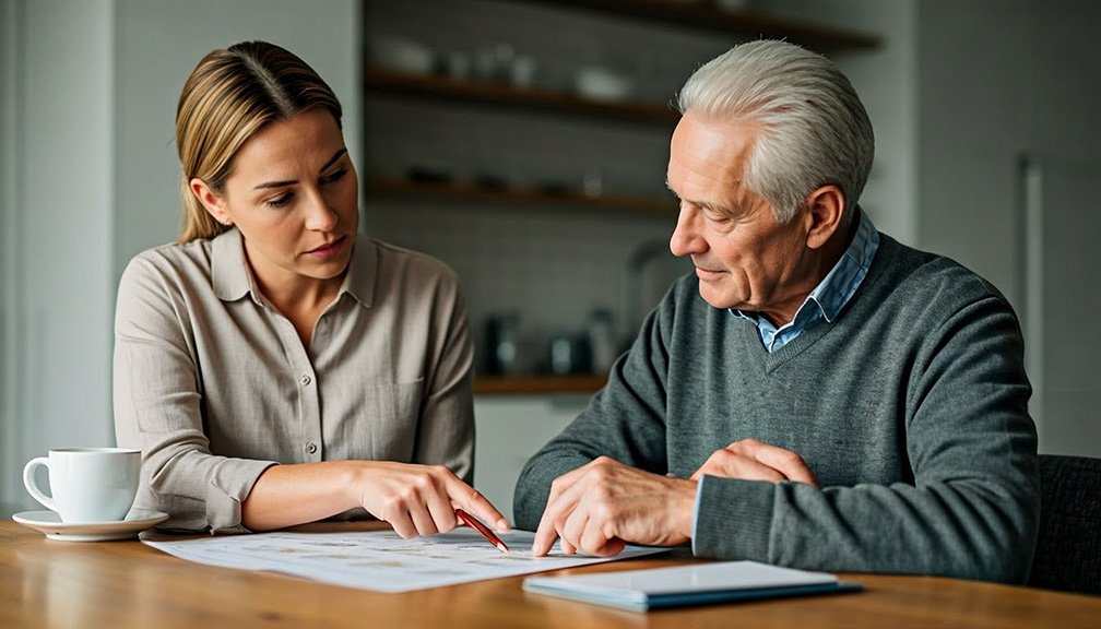 Photo of Woman Going Through Paperwork With Her Elderly Father